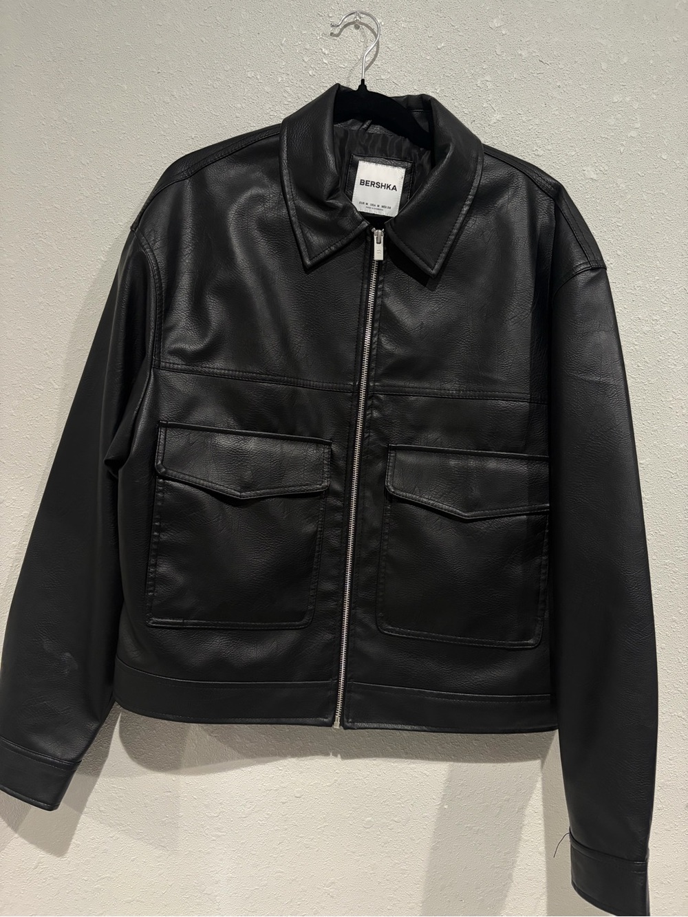 Bershka Black Faux Leather Bomber Jacket with Front Flap Pockets